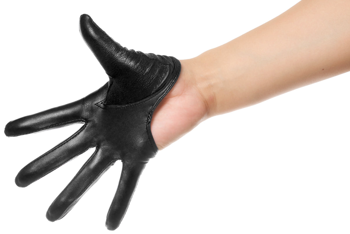 A black leather glove palm side, shown worn on a person's hand against a plain white background.