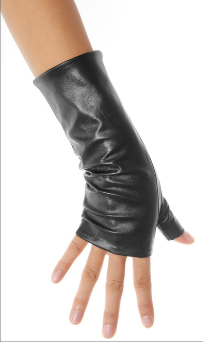 A pair of black fingerless leather mittens worn on a person's hands.