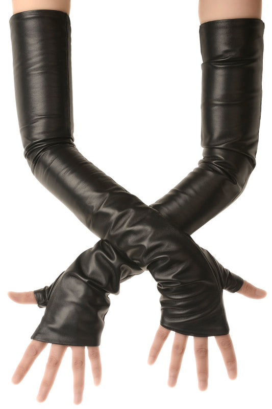 A pair of fingerless long black leather mitten gloves worn by a model with arms extended.