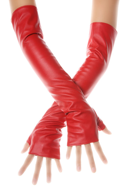 Red genuine leather fingerless gloves worn on both arms, crossed over each other against a plain white background.
