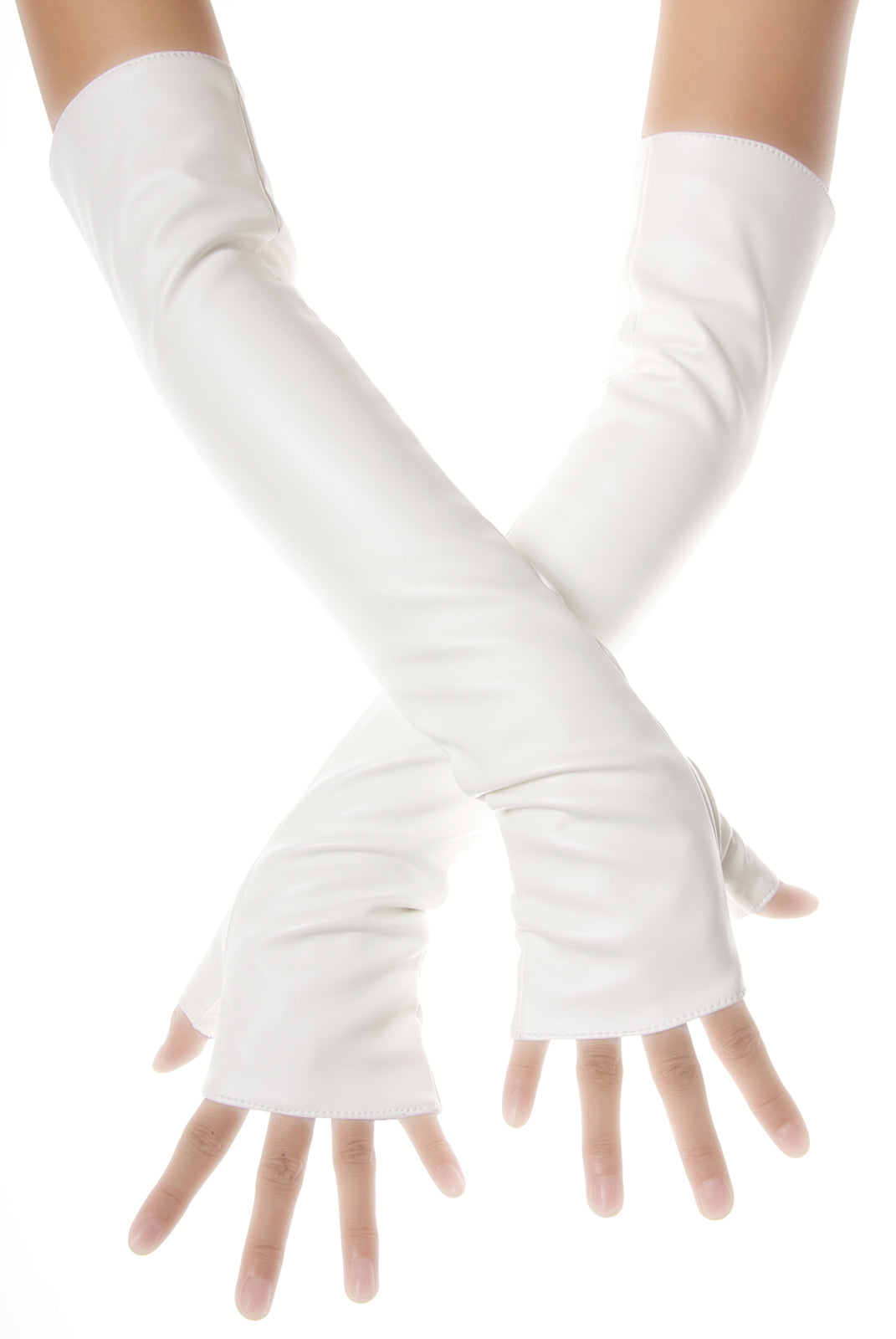 A pair of long white fingerless leather gloves worn on crossed arms against a plain white background.
