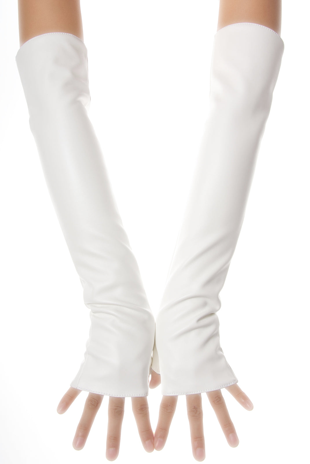A pair of long white genuine leather fingerless gloves worn on arms, shown against a plain white background.