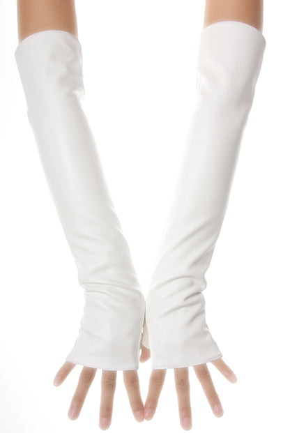 A pair of long white genuine leather fingerless gloves worn on arms, shown against a plain white background.