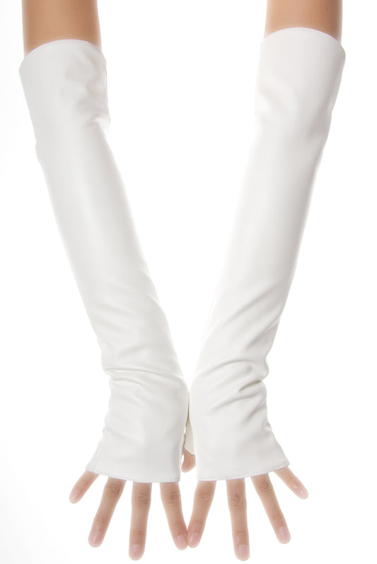 A pair of long white genuine leather fingerless gloves worn on arms, shown against a plain white background.
