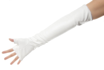 A white genuine leather fingerless glove worn on a person's arm, shown against a plain white background.