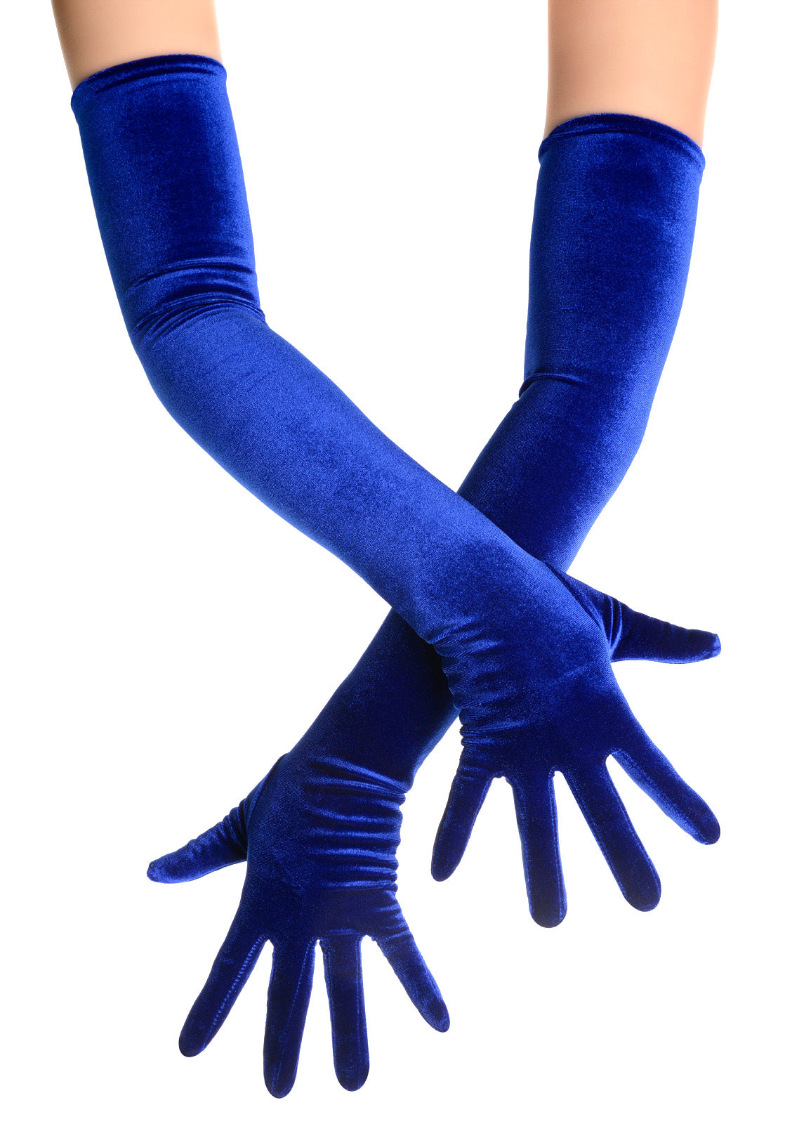 A pair of royal blue velvet opera gloves worn on a model's arms, crossed over each other against a solid white background.