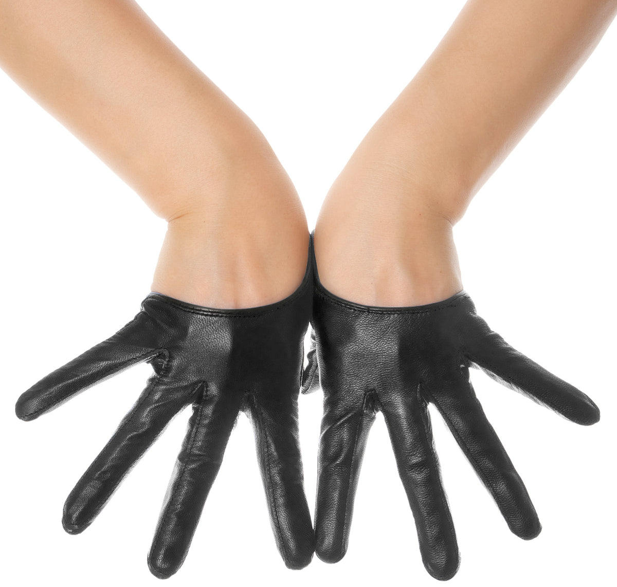 A pair of black leather gloves worn on hands, shown from the back against a solid white background.