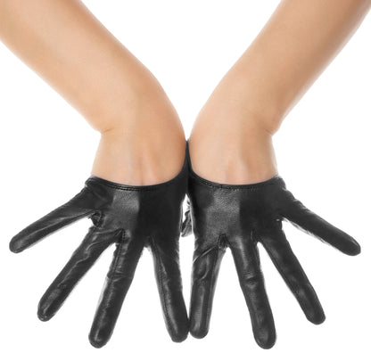 A pair of black leather gloves worn on hands, shown from the back against a solid white background.