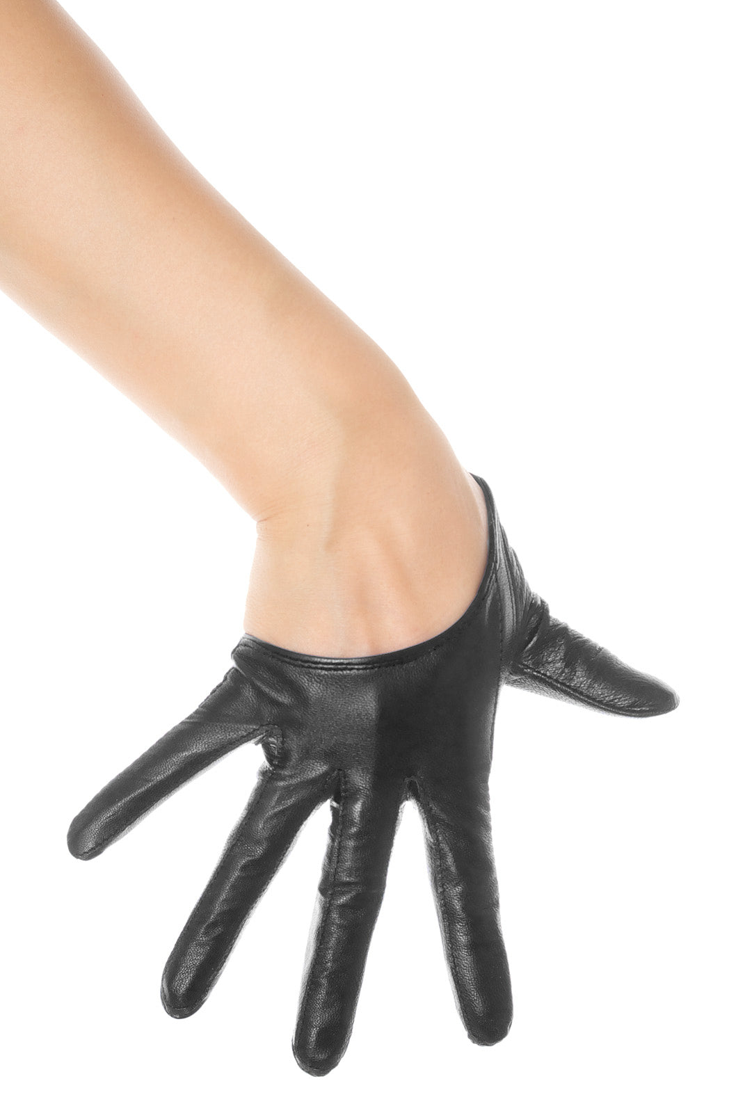 A single black leather glove worn on a hand, shown against a plain white background.