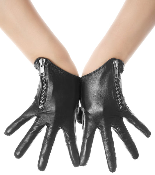 A pair of black leather gloves featuring a side zipper and fabric lining, designed inspired from classic biker jackets