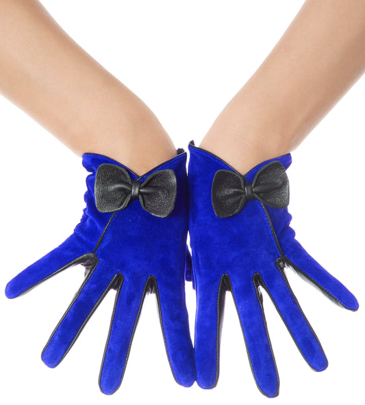 Electric Blue Suede Bow Leather Gloves Vintage Pattern