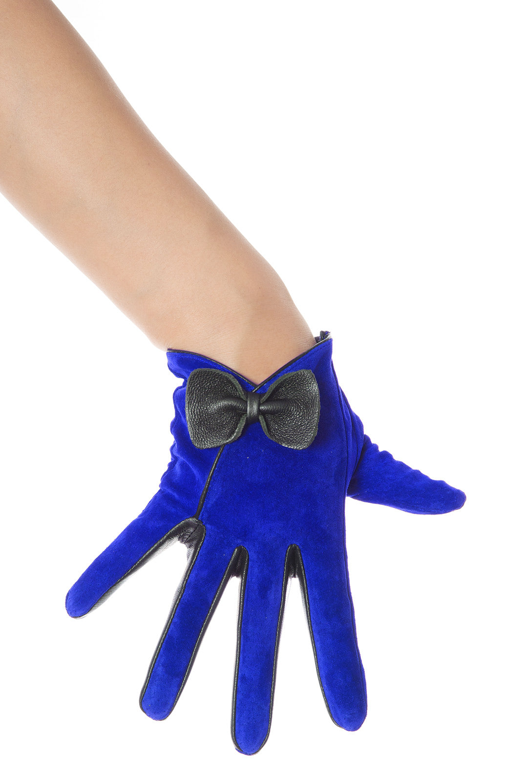 Electric Blue Suede Bow Leather Gloves Vintage Pattern