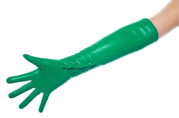 Green Opera Leather Gloves Button Wrist