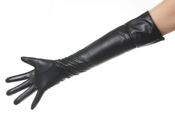 Black Leather Opera Gloves Fold down Side Buttons