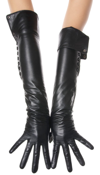 Black Leather Opera Gloves Fold down Side Buttons