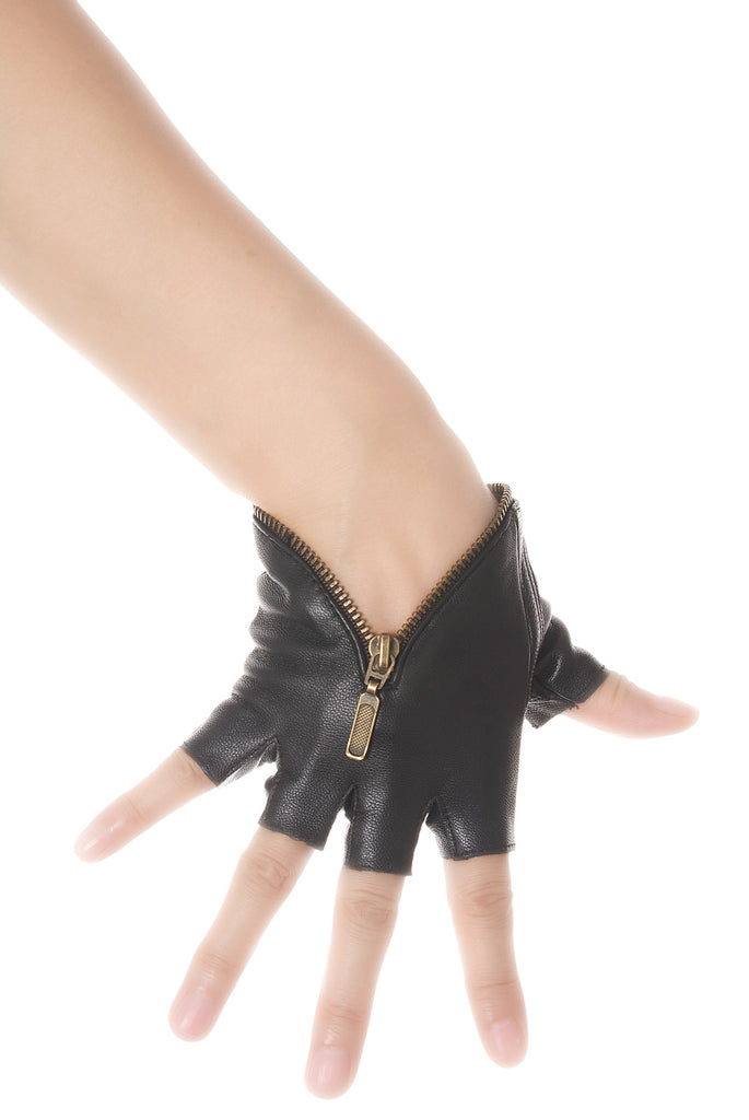 Fingerless Zip Leather Gloves Black / L