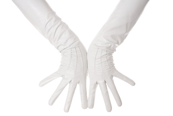 Long White Leather Opera Gloves Button Wrist
