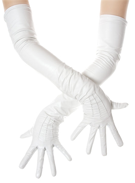 Long White Leather Opera Gloves Button Wrist