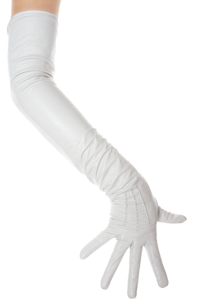 Long White Leather Opera Gloves Button Wrist