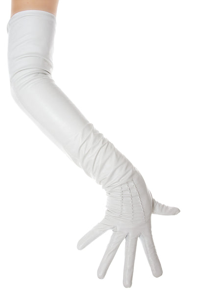 Long White Leather Opera Gloves Button Wrist