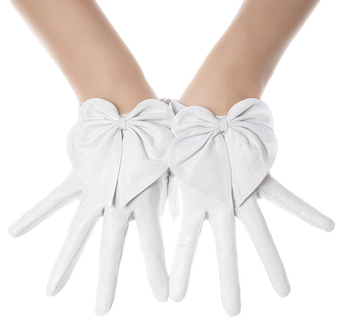 White Heart Bow Leather Gloves