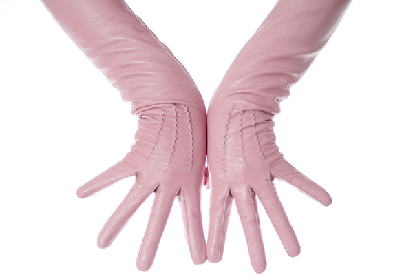 Long Sugar Pink Opera Leather Gloves Button Wrist