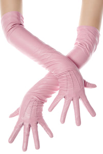 Long Sugar Pink Opera Leather Gloves Button Wrist
