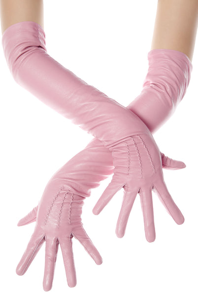 Long Sugar Pink Opera Leather Gloves Button Wrist