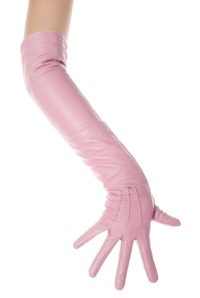 Long Sugar Pink Opera Leather Gloves Button Wrist