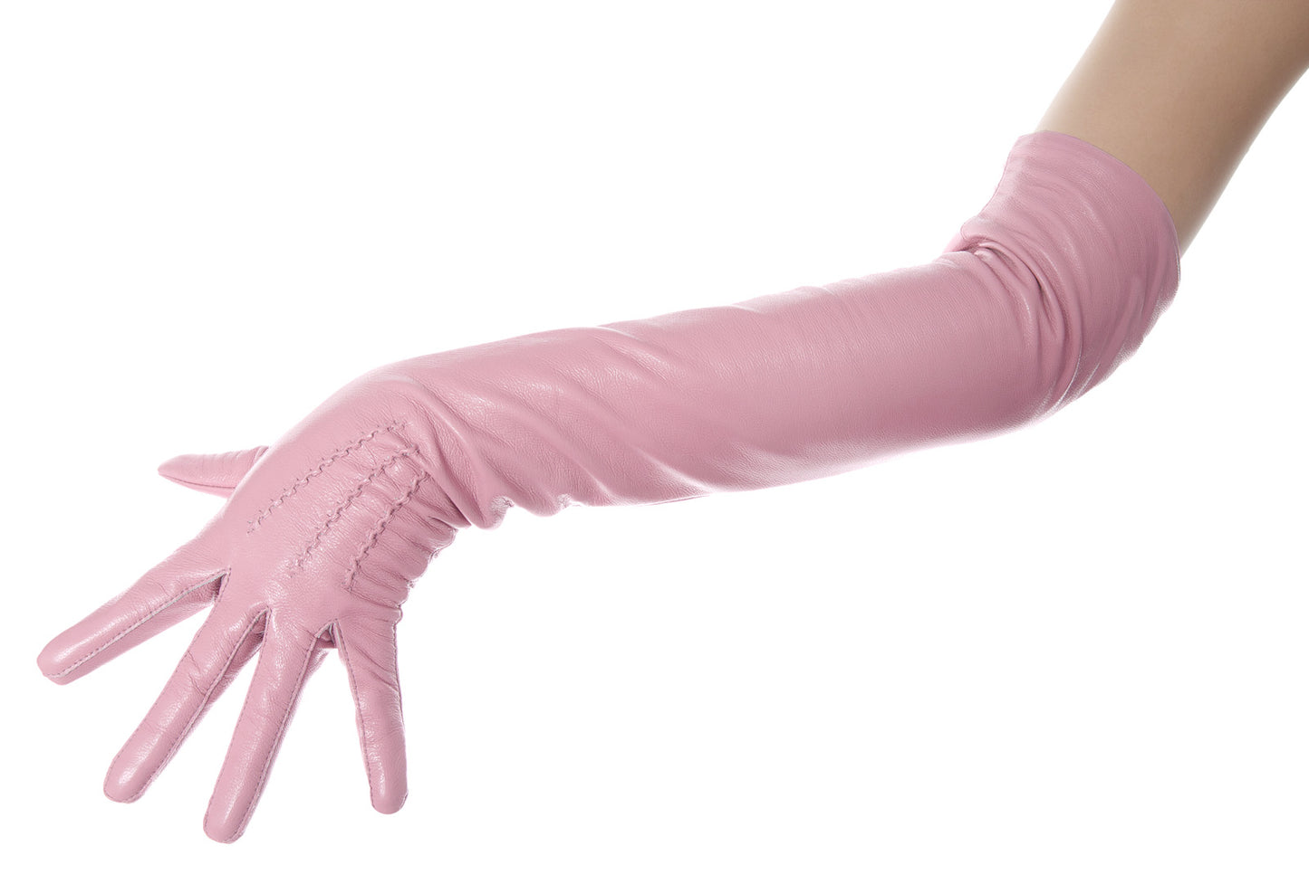 Long Sugar Pink Opera Leather Gloves Button Wrist