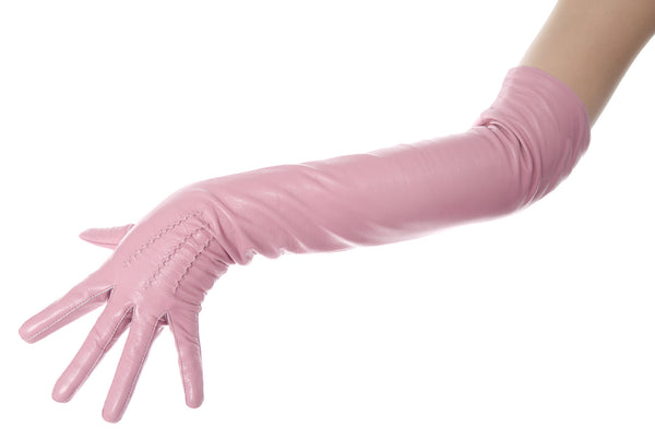 Long Sugar Pink Opera Leather Gloves Button Wrist