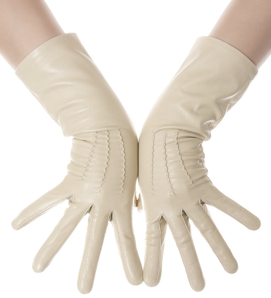 Beige Mid Length Leather Gloves
