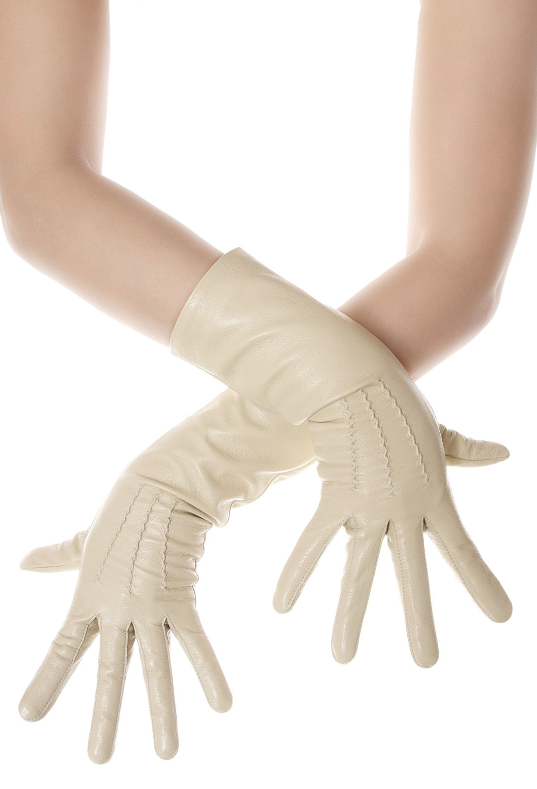 Beige Mid Length Leather Gloves