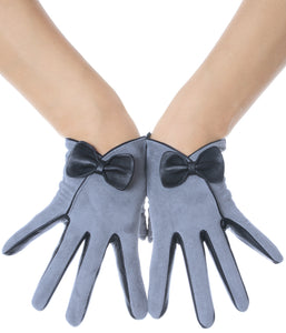 Grey Suede Bow Leather Gloves Vintage Pattern
