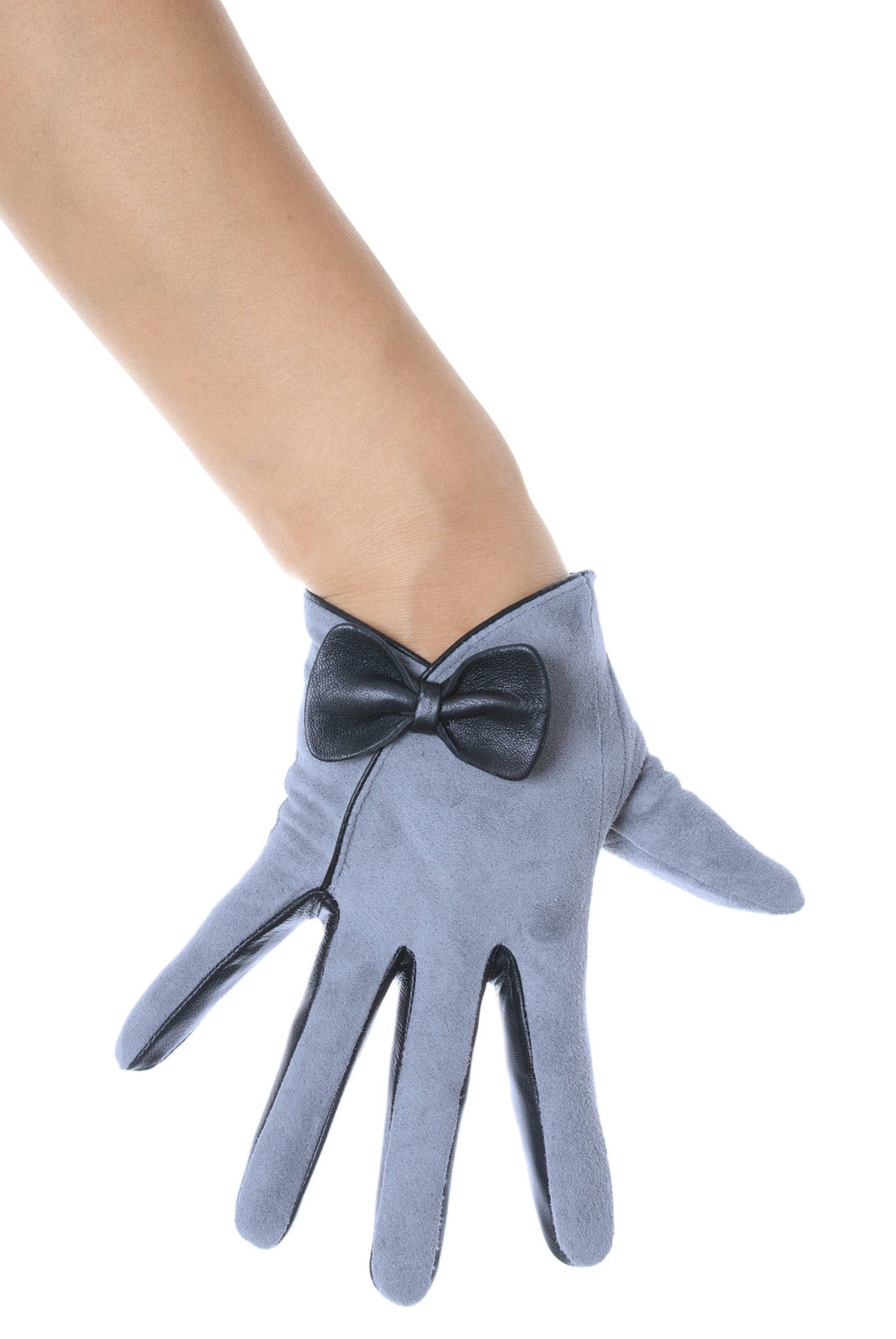 Grey Suede Bow Leather Gloves Vintage Pattern
