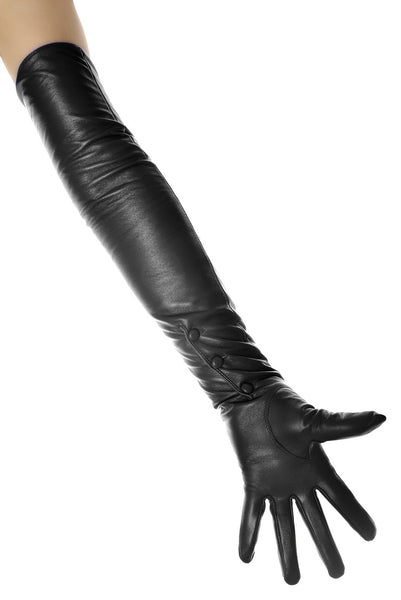 Long Black Leather Opera Gloves Button Wrist