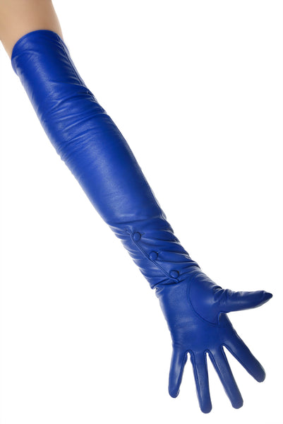 Royal Blue Opera Leather Gloves Button Wrist