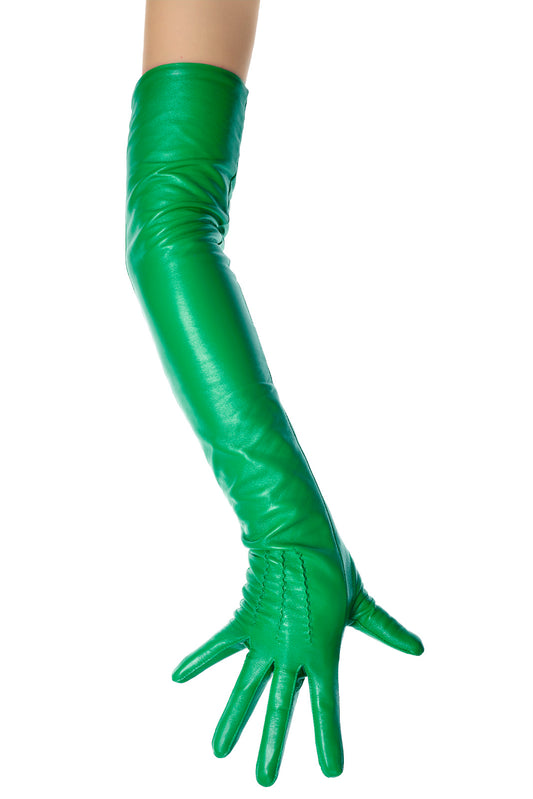 Green Opera Leather Gloves Button Wrist