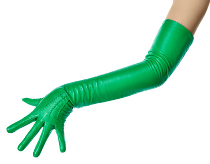 Green Opera Leather Gloves Button Wrist