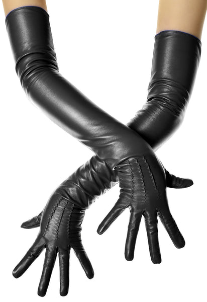 Long Black Leather Opera Gloves Button Wrist