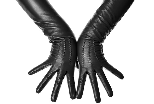Long Black Leather Opera Gloves Button Wrist