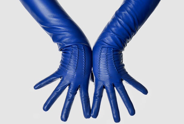 Royal Blue Opera Leather Gloves Button Wrist