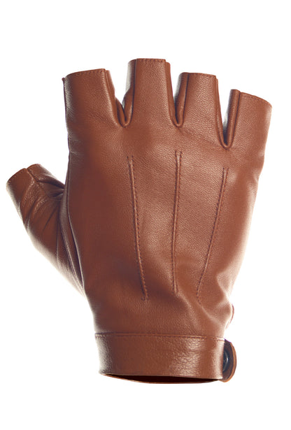 Brown High Wrist Fingerless Leather Driving Gloves