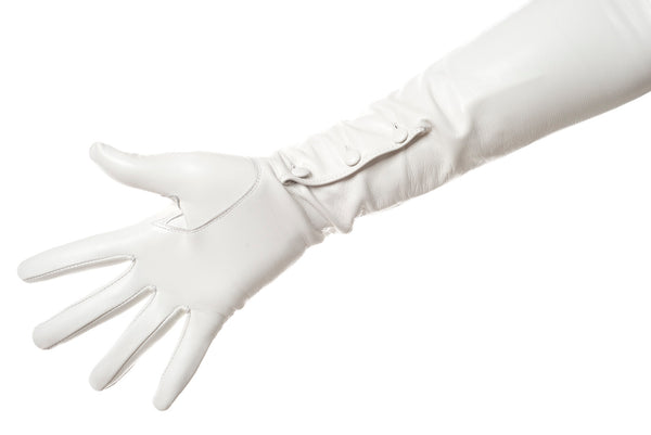 Long White Leather Opera Gloves Button Wrist
