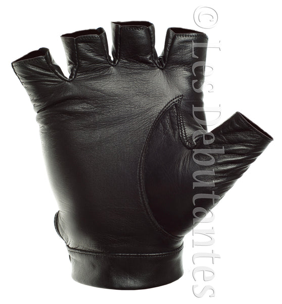 Black High Wrist Fingerless Leather Driving Gloves