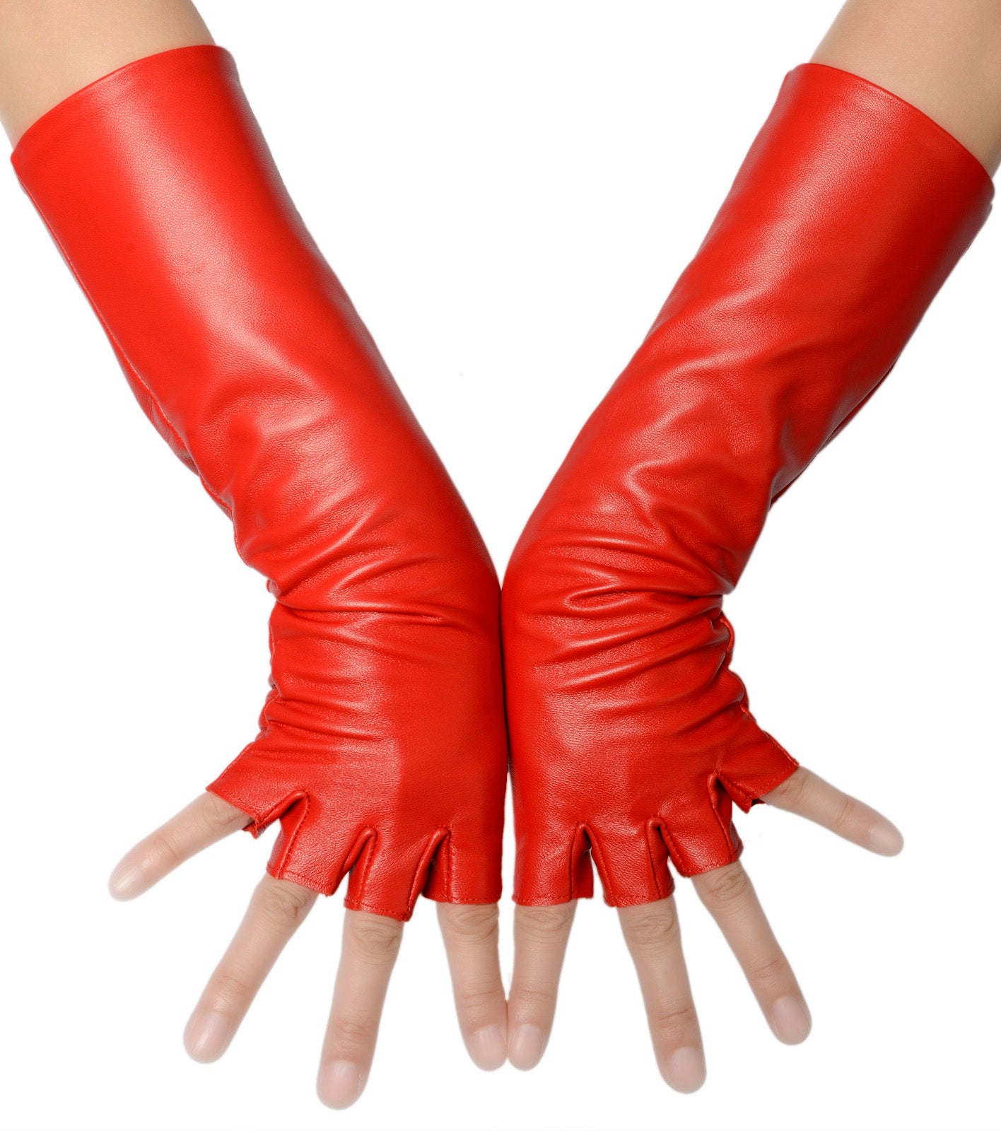 Lipstick Red Fingerless Mid Length Leather Gloves