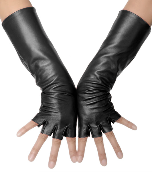 Black Fingerless Mid Length Leather Gloves