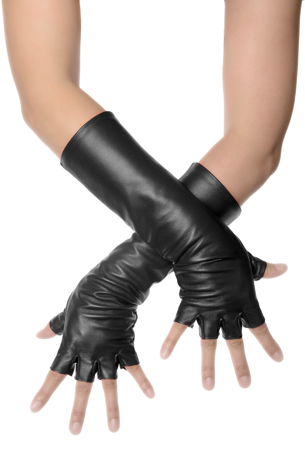 Black Fingerless Mid Length Leather Gloves