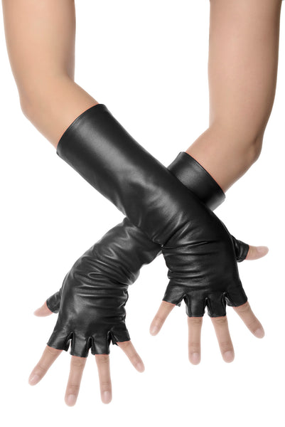 Black Fingerless Mid Length Leather Gloves