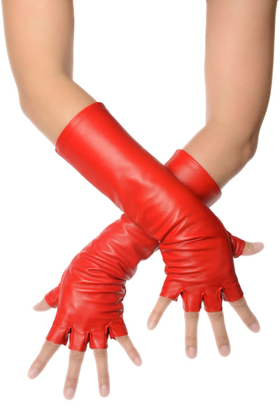 Lipstick Red Fingerless Mid Length Leather Gloves
